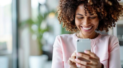 Happy employee viewing e-payment on phone, professional workplace, payday excitement, digital delight, financial success, joyful expression