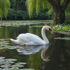 a white swan swimming in a pond with lily pads