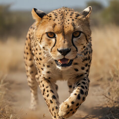 a cheetah running in the dirt with its mouth open