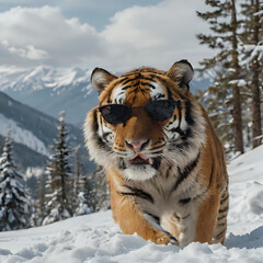 Obraz premium a tiger walking in the snow with sunglasses on