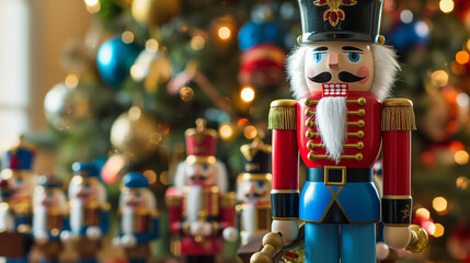A whimsical scene of a toy soldier leading a parade of colorful, festive nutcrackers in front of an elegantly decorated Christmas tree.