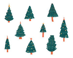 A set of various decorated Christmas trees for decoration of holiday souvenirs. Decorated Christmas trees for a festive mood. Flat vector illustration.