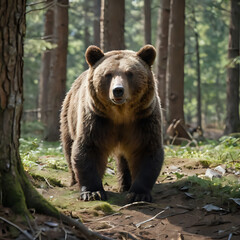 Obraz premium a brown bear walking through a forest with trees