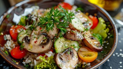 French cuisine. Salad with pickled mushrooms, rice and cheese.