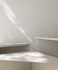 Three modern, minimal geometric cream pedestal podium in dapple sunlight, shadow on white wall for...