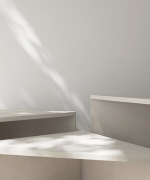 Fototapeta Three modern, minimal geometric cream pedestal podium in dapple sunlight, shadow on white wall for luxury organic cosmetic, skincare, body care, beauty product background 3D