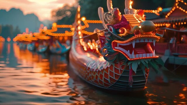 Traditional colorful dragon boats. Dragon Boat Festival in China, Asia. Duanwu Festival. Banner