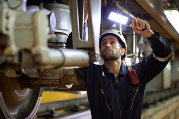 Engineer or technician using light stick and checking construction train at station