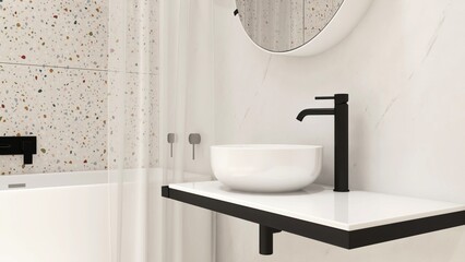Modern, luxury bathroom with vanity counter, white washbasin, round mirror, shower curtain...