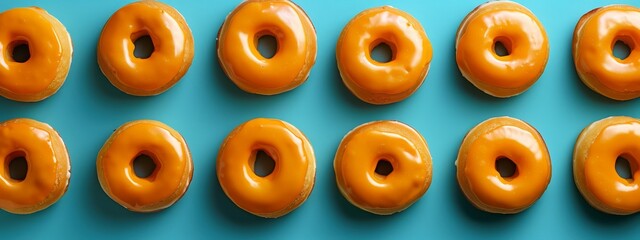Fototapeta premium A row of glazed donuts rests atop a blue, hole-ridden surface