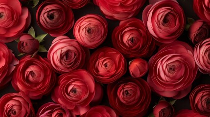 Fototapeta premium Vibrant seamless pattern of red ranunculus roses, densely packed for a striking and rich texture, highlighting detailed petals and lush layers, ideal for luxury textile design