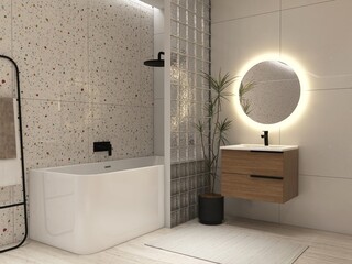 Modern, luxury bathroom with wooden vanity counter, white washbasin, round mirror, glass block...