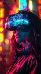 Fototapeta premium Futuristic scene of a person with VR headset exploring a neon-lit urban environment, highlighting technology and immersion.