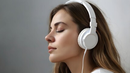Woman listening music from her white earphone, enjoy music with relaxation mood, peaceful music effects brain function, relaxing calming music for stress relief
