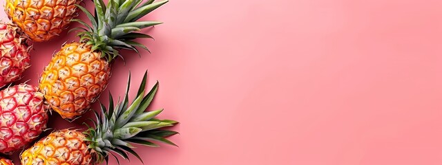 Fototapeta premium A collection of pineapples atop a pink backdrop; one pineapple centrally positioned within the frame