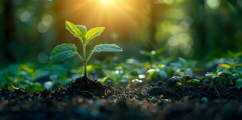 close-up of a young plant growing in the soil on a soft green tree background. concept of saving nature or agriculture. Growing Strong with Sunlight and Soil