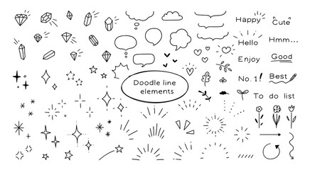 Doodle line elements of shiny pen. Heart, accent, star, icon with shiny decorations, flowers, heart. Vector illustration.