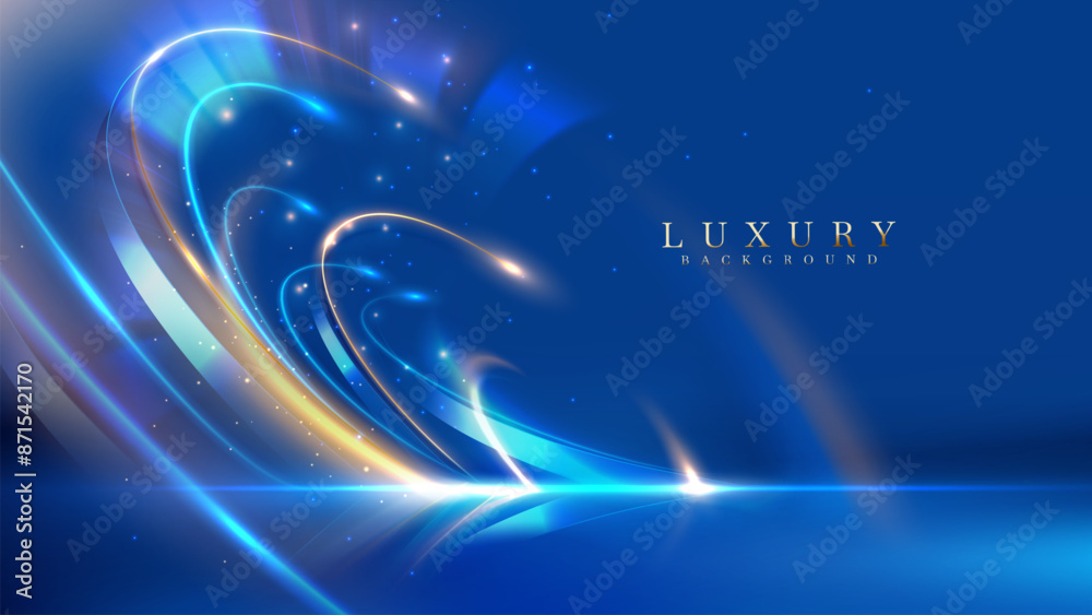 Wall mural blue luxury background with golden line decoration and curve light effect with bokeh elements. moder