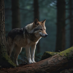 Fototapeta premium a wolf standing on a log in the woods