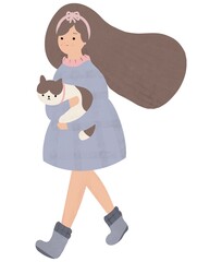 Illustration of a cute girl holding a cat,Baby greeting card or print design,purple and pink
