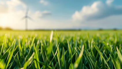 Fototapeta premium A field of green grass with a windmill in the background by AI generated image