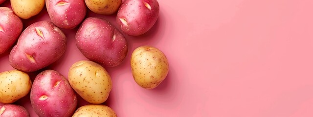  A mound of potatoes atop a pink backdrop, speckled with water droplets at their summit