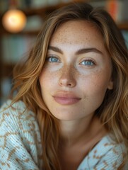 A close-up shot of a woman feeling satisfied in a quiet library, capturing detailed skin texture, ample copy space