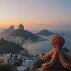 Obraz premium octopus statue on a rock overlooking a city and ocean