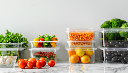 Containers with different fresh products on white marble table, space for text. Food storage