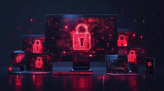 A computer desk with a red lock on a monitor. Cybersecurity concept