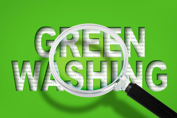 Alert to Greenwashing - Concept with text and magnifying glass against a green background