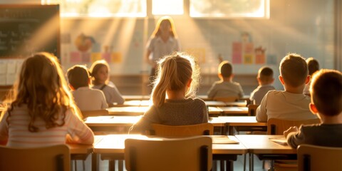 A teacher is standing in front of a classroom full of students by AI generated image