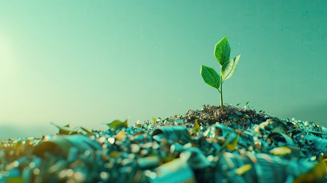 Sustainability and Eco-Friendly Concept: New Life Emerging from Waste. Green Plant Emerging from Waste Pile