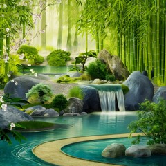 Beautiful landscape of green forest with flowing river and blue sky background