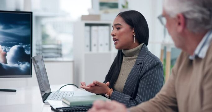 Laptop, talking or startup presentation with business people in meeting for planning, engineering or environment. Screen, funding proposal or systems operator speaking of rocket launch sustainability