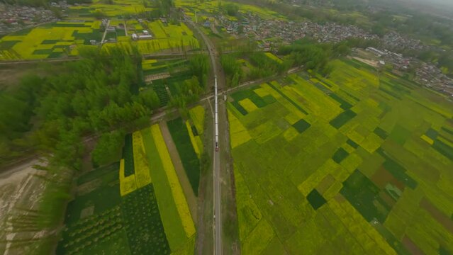 An Aerial FPV Drone Shot of a train in Nehama Pulwama at Kashmir in India
