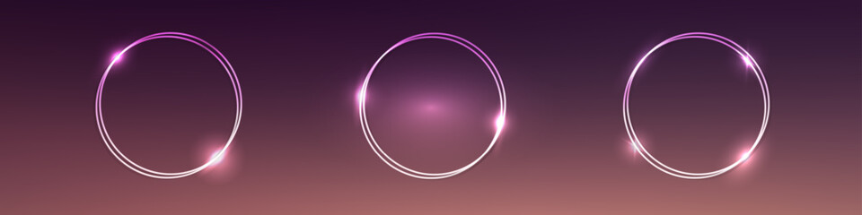 Set of neon double frames with shining effects