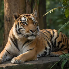 Fototapeta premium a tiger that is laying down on a rock