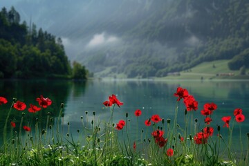 Obraz premium The image of red flowers beside a body of water during daytime emphasizes the beauty and tranquility of nature.