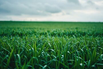 Obraz premium The image of a green grass field during daytime emphasizes the tranquility of nature and a clear atmosphere.