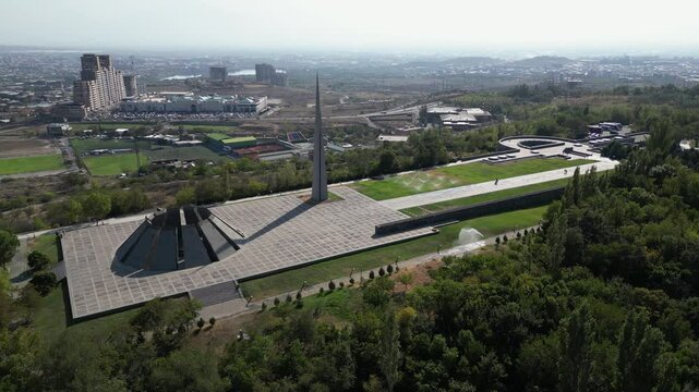Aerial orbits Genocide Memorial above Armenian capital city, Yerevan