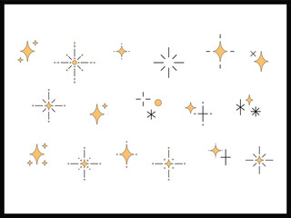 Cute flat simple minimal line illustration set of sparkle twinkle star icon elements. Manga cartoon style. For scrapbooking, graphic, social media, decoration