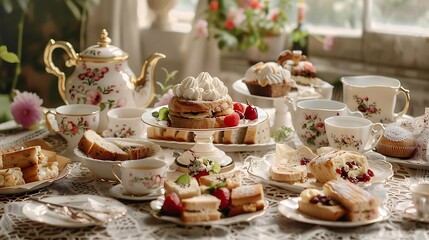 Fototapeta premium A traditional English afternoon tea setup, featuring an assortment of finger sandwiches, scones with clotted cream and jam, and an array of pastries and cakes. The scene includes a vintage teapot,