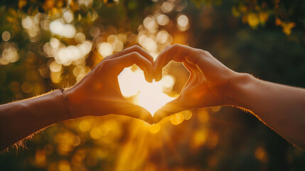 Heart of Sunshine. This evocative close-up image captures two hands forming a heart shape against...