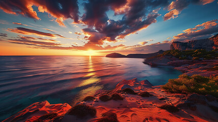 Sunset over the tranquil sea, AI Generative