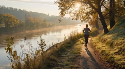 Obraz premium A person jogs along a scenic trail, feeling calm and determined, enjoying nature and setting a positive tone.