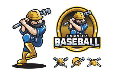 set construction mascot logo with spanner, wrench, helmet. Repairman and mechanic man mascot bagde logo. engineer baseball mascot logo illustration for sport team, merchandise and tshirt printing