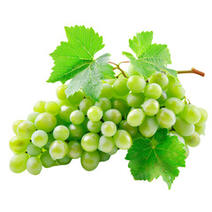 Obraz premium A bunch of green grapes with leaves isolated on a white background