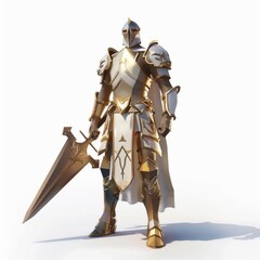 Obraz premium 3D Render of a Low Poly noble paladin in shining armor, on isolated white background, Generative AI