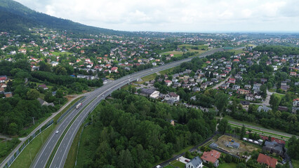 Bielsko-Biala Town in Green Beskidy Mountains Aerial View